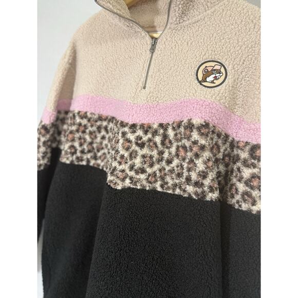 Buc-ee’s Women’s Large Sherpa Fleece Pullover Beige Pink Leopard Black Half Zip - Picture 4 of 8